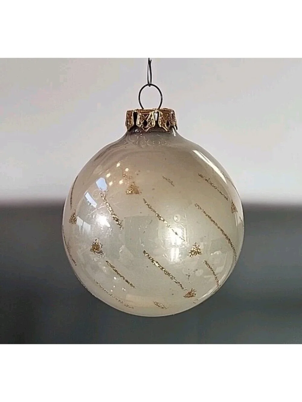 Vintage Mercury Glass Christmas Ornament Round Ball Gold Ivory Hand Painted B3